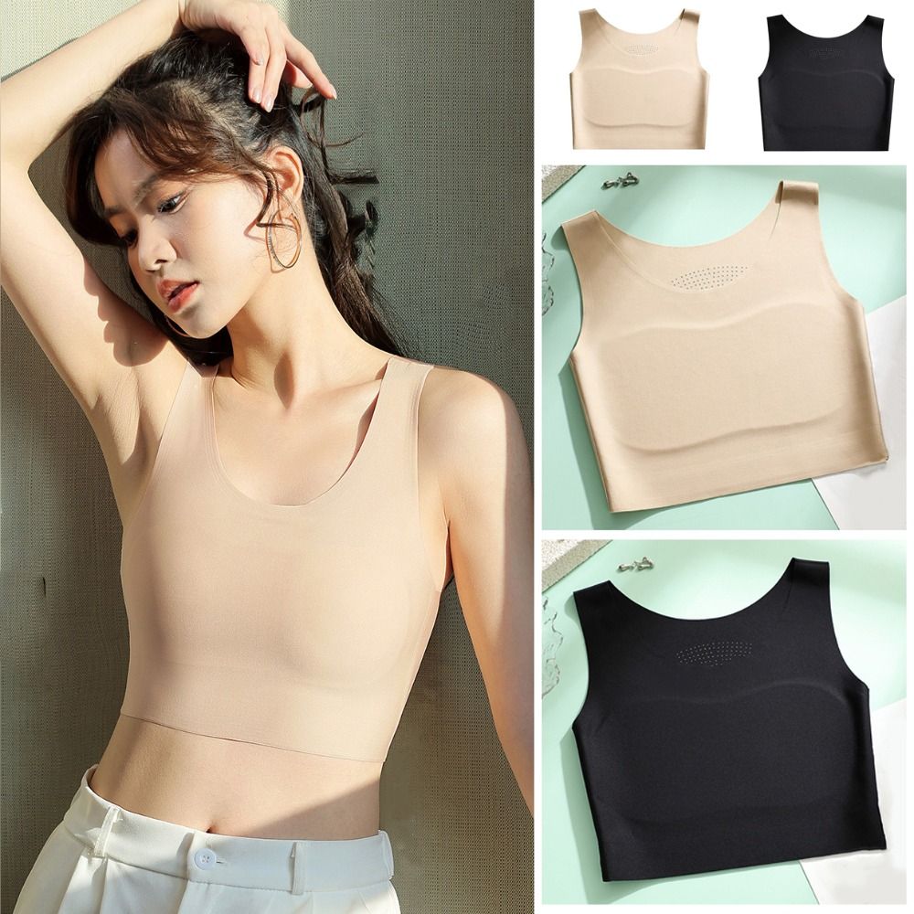Minimizer Bra Women - 女性用アイスシルクシームレスワイヤレスビスチェ、Uネックスリムフラットチェストブラ、シンプルなランジェリー下着