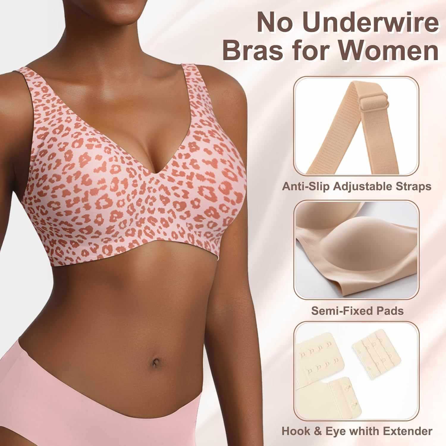 レディースシームレスピンクレオパードプリントブラ、ワイヤーレ - Full Coverage Bra のレビューと価格